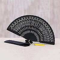 Wood fan, 'Serenity Bloom in Black' - Hand Made Wood Fan in Black with Pouch from Indonesia