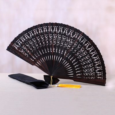 Ebony wood fan, Serenity Bloom in Brown