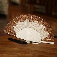 Silk and cotton blend mahogany wood fan,
