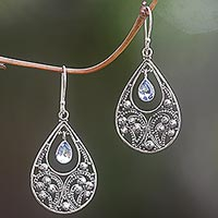 Blue topaz dangle earrings, 'Bali Crest' - Sterling Silver and Blue Topaz Dangle Earrings