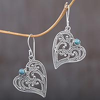 Sterling silver dangle earrings, 'Leaf Heart' - Sterling Silver and Reconstituted Turquoise Dangle Earrings