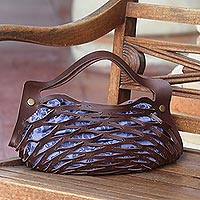 Leather and cotton batik handle handbag Denim Grove Indonesia