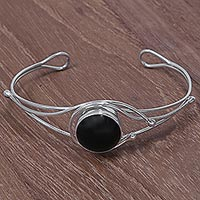 Onyx cuff bracelet, 'Knowing Eye' - Artisan Crafted Sterling Silver and Onyx Cuff Bracelet