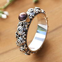 Cultured pearl single stone ring, 'Swirls of Joy in Brown' - Cultured Pearl Single Stone Ring from Indonesia