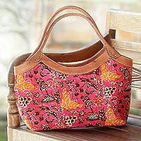 Cotton batik and leather accent handbag Butterfly Blush Indonesia