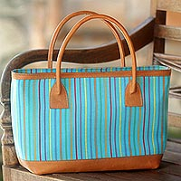 Cotton and leather accent tote handbag Cheerful Lines Indonesia