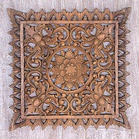 Wood relief panel, 'Lotus Altar' - Hand-Carved Suar Wood Lotus Flower Relief Panel from Bali