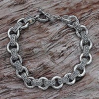 Men's sterling silver link bracelet, 'Dragon Legacy' - Men's Silver Textured Link Bracelet from Indonesia