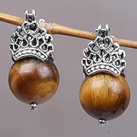 Tiger's eye drop earrings, 'Bali Majesty' - Sterling Silver and Tiger's Eye Earrings Crafted by Hand
