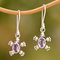Amethyst dangle earrings, 'Walking Tortoise' - Sterling Silver & Amethyst Petite Turtle Earrings From Bali