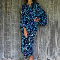 Rayon batik robe, 'Twilight Roses' - Rayon Black Long Robe with Blue Purple Batik Floral Print