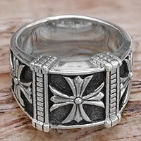Men's sterling silver ring, 'Stallion Cross' - Indonesian Men's Sterling Silver Engraved Handmade Ring