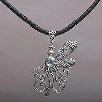 Blue topaz pendant necklace, 'Bali Dragonfly' - Blue Topaz Dragonfly Necklace Handcrafted in Bali