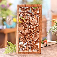 Wood relief panel, 'Peaceful Flower' - Hand Made Square Floral Wood Relief Panel from Indonesia
