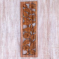 Wood relief panel, 'Shoe Flower Garden' - Hand Carved Balinese Hibiscus Floral Relief Panel