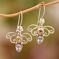 Citrine and amethyst dangle earrings, 'Manggar Flowers' - Citrine and Amethyst Spiral Dangle Earrings from Bali