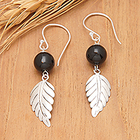 Onyx dangle earrings, 'Lucky Manggis' - Black Onyx Leaf Dangle Earrings from Indonesia