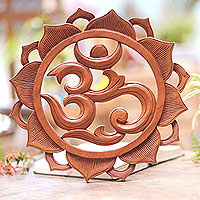 Wood relief panel, 'Om Petals' - Hand Carved Wood Floral Lotus Om Relief Panel from Bali