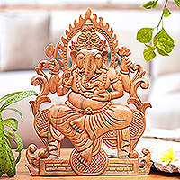 Wood relief panel, 'Ganesha's Throne' - Hand Carved Balinese Suar Wood Ganesha Hindu Relief Panel