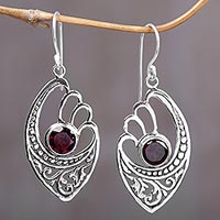 Garnet dangle earrings, 'Red Wings' - 2 Carats Garnet and Sterling Silver Balinese Earrings