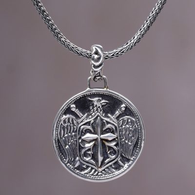 Mens sterling silver pendant necklace, Eagle Cross Shield