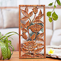 Wood relief panel, 'Graced by Roses' - Hand Carved Balinese Suar Wood Relief Panel of Roses