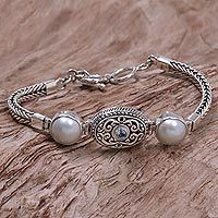 Cultured pearl and blue topaz link bracelet,