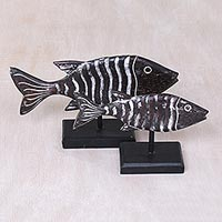 Wood sculptures, 'Friendly Zebra Fish' (pair) - Pair of Albesia Wood Zebra Fish Sculptures from Bali