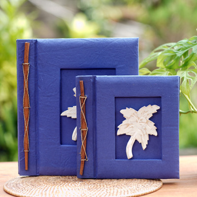 Wood-accented photo albums, 'Maple Dreams in Blue' (pair) - Two Albesia Wood Indonesian Maple Leaf Photo Albums in Blue