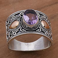 Gold accent amethyst cocktail ring, 'Cantik Sparkle' - Gold Accent Amethyst and 925 Sterling Silver Ring from Bali