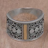 Gold accent sterling silver band ring, 'Golden Ubud Sky' - Gold Accent Sterling Silver Band Ring with Spiral Motifs
