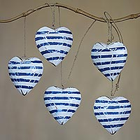 Wood hanging accessory Blue Striped Hearts Indonesia