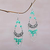 Agate chandelier earrings, 'Crescent Palace' - Sterling Silver and Agate Chandelier Earrings from Bali