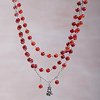 Carnelian strand necklace, 'Jepun Queen' - Floral Carnelian and Sterling Silver Link Bracelet from Bali