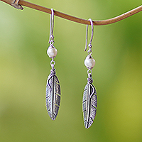 Cultured pearl dangle earrings, 'Light Feathers' - Sterling Silver and Cultured Pearl Balinese Feather Earrings