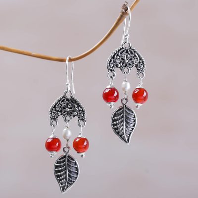 Carnelian and cultured pearl chandelier earrings, Patio Leaves