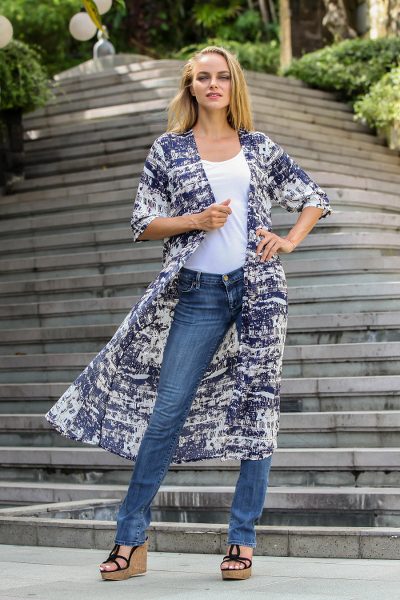 Three-quarter sleeve rayon kimono jacket, Caribbean Paradise