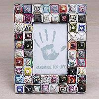 Recycled paper photo frame, 'Square Shrines' (4x6) - 4x6 Recycled Paper Photo Frame with Multicolored Squares