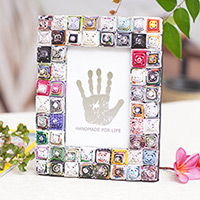 Recycled paper photo frame, 'Rising Temples' (4x6) - 4x6 Recycled Paper Multicolored Photo Frame from Bali