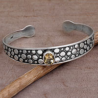 Citrine cuff bracelet, 'Falling Stones' - Citrine and Sterling Silver Dotted Cuff Bracelet from Bali