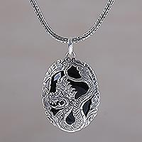 Onyx pendant necklace, 'Lord of Dragons' - Onyx and Sterling Silver Dragon Pendant Necklace from Bali