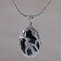 Onyx pendant necklace, 'Cockatoo Garden' - Onyx and Sterling Silver Cockatoo Necklace from Bali