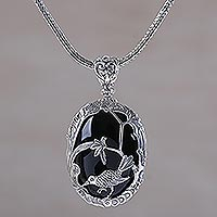 Onyx pendant necklace, 'Curious Bird' - Bird Themed Onyx and Sterling Silver Necklace from India