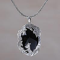 Onyx pendant necklace, 'Wondrous Garden' - Animal-Themed Silver and Onyx Pendant Necklace from Bali