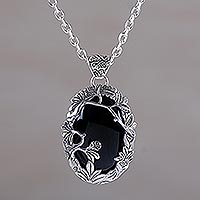 Onyx pendant necklace, 'Dark Woods' - Onyx and Sterling Silver Nature Themed Necklace from Bali