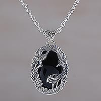 Onyx pendant necklace, 'Wading Heron' - Onyx and Sterling Silver Heron Pendant Necklace from Bali