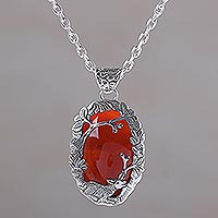 Carnelian pendant necklace, 'Sunset Sanctuary' - Carnelian and Sterling Silver Lamb Necklace from Bali