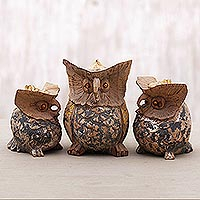 Wood figurines, 'Antique Owl Family' (set of 3) - Set of Three Hand Carved Suar Wood Owl Figurines from Bali