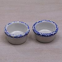 Small ceramic ramekins Indigo Flowers pair Indonesia