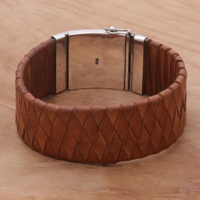 Leather wristband, Brown Bali Weave